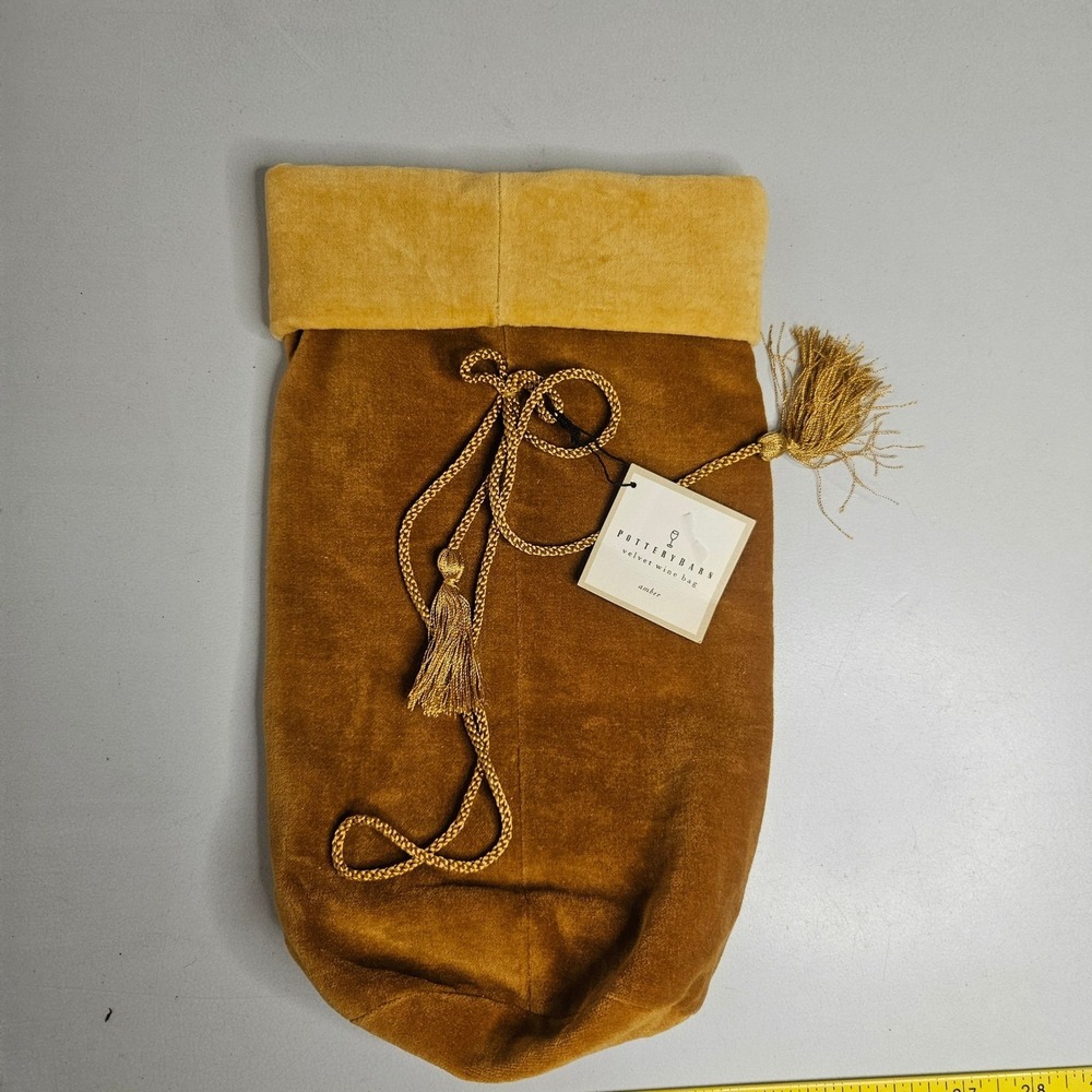 Pottery Barn Amber‎ Velvet Wine Bag Gold Tassel Drawstring Gift Wrap NWT